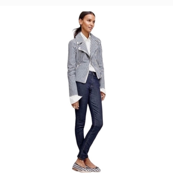 J. CREW Gingham Plaid Cropped Moto Jacket Blazer Blue-White‎ - Picture 3 of 9